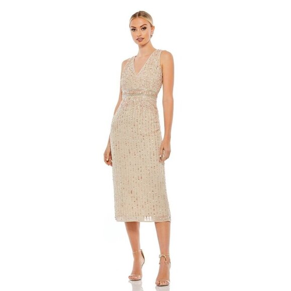 Mac Duggal Dresses & Skirts - Mac Duggal Sequined Sleeveless V-Neck Midi Sheath Dress Nude 8 #8625
